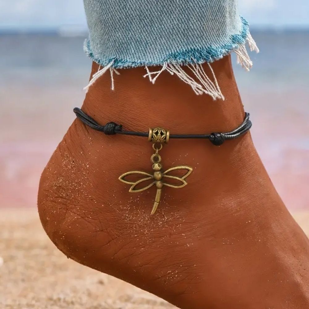 Dragonfly Anklet Antique Bronze Faux Leather Adjustable Ankle Bracelet Boho Chic